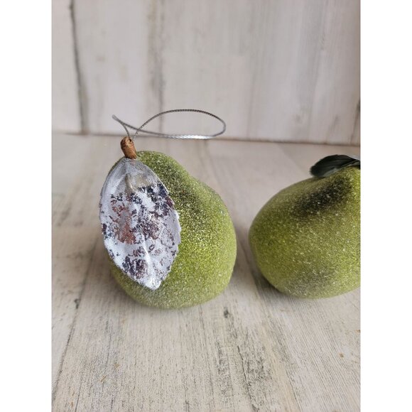 Frosted green pear fruit set ornament Xmas shiny - Picture 3 of 8